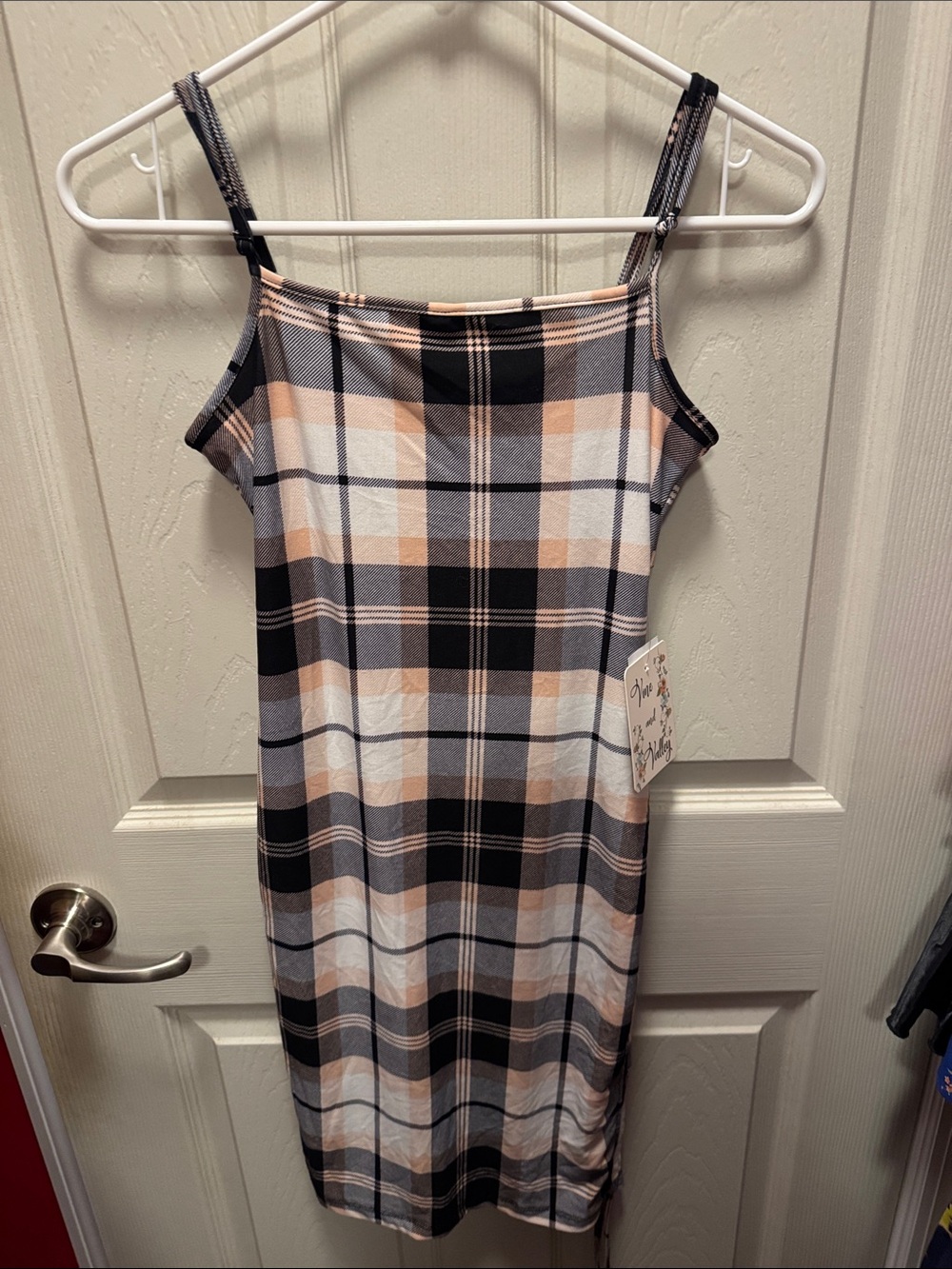 Spaghetti Strap Plaid Midi Dress in Black, Peach & Cream